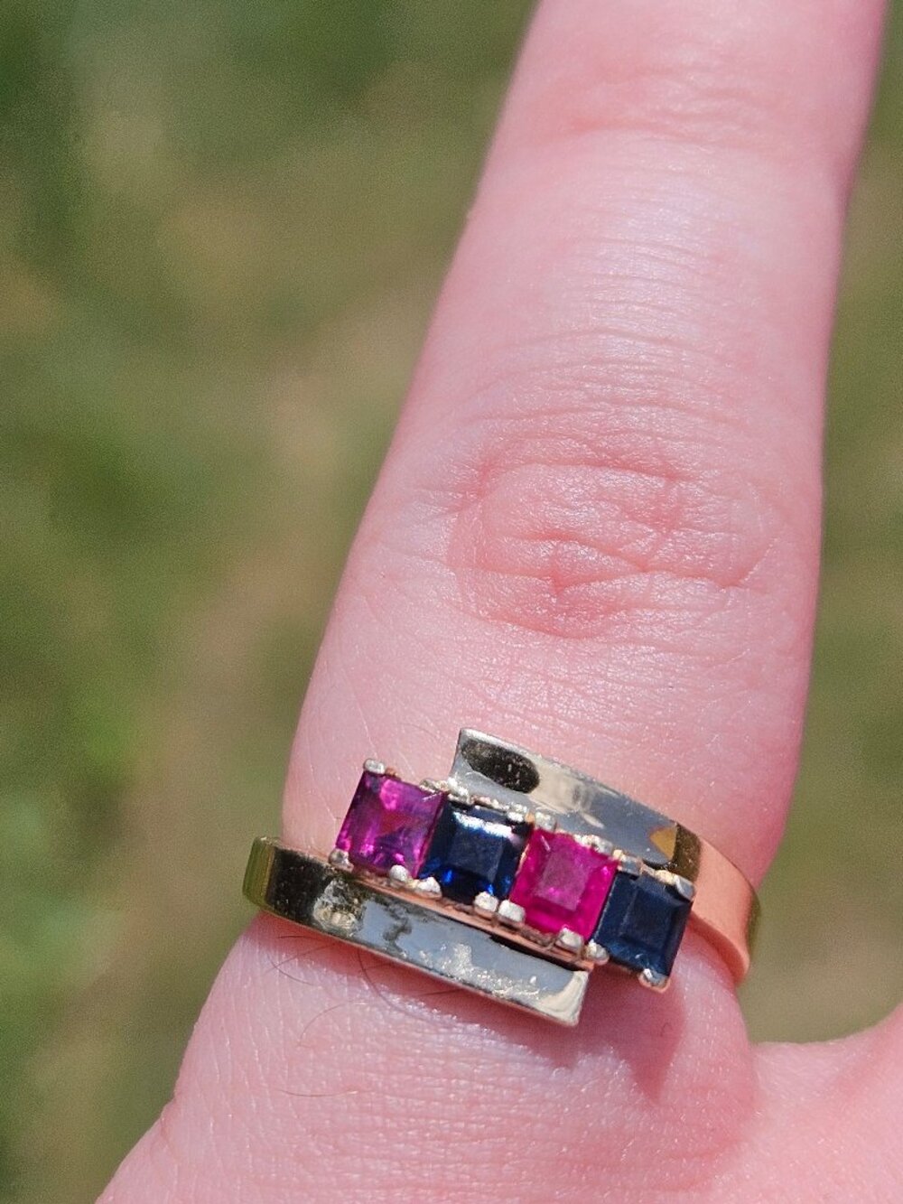 14K Yellow Gold Bypass Style Pink Tourmaline Ruby Sapphire Ring Band Size 6